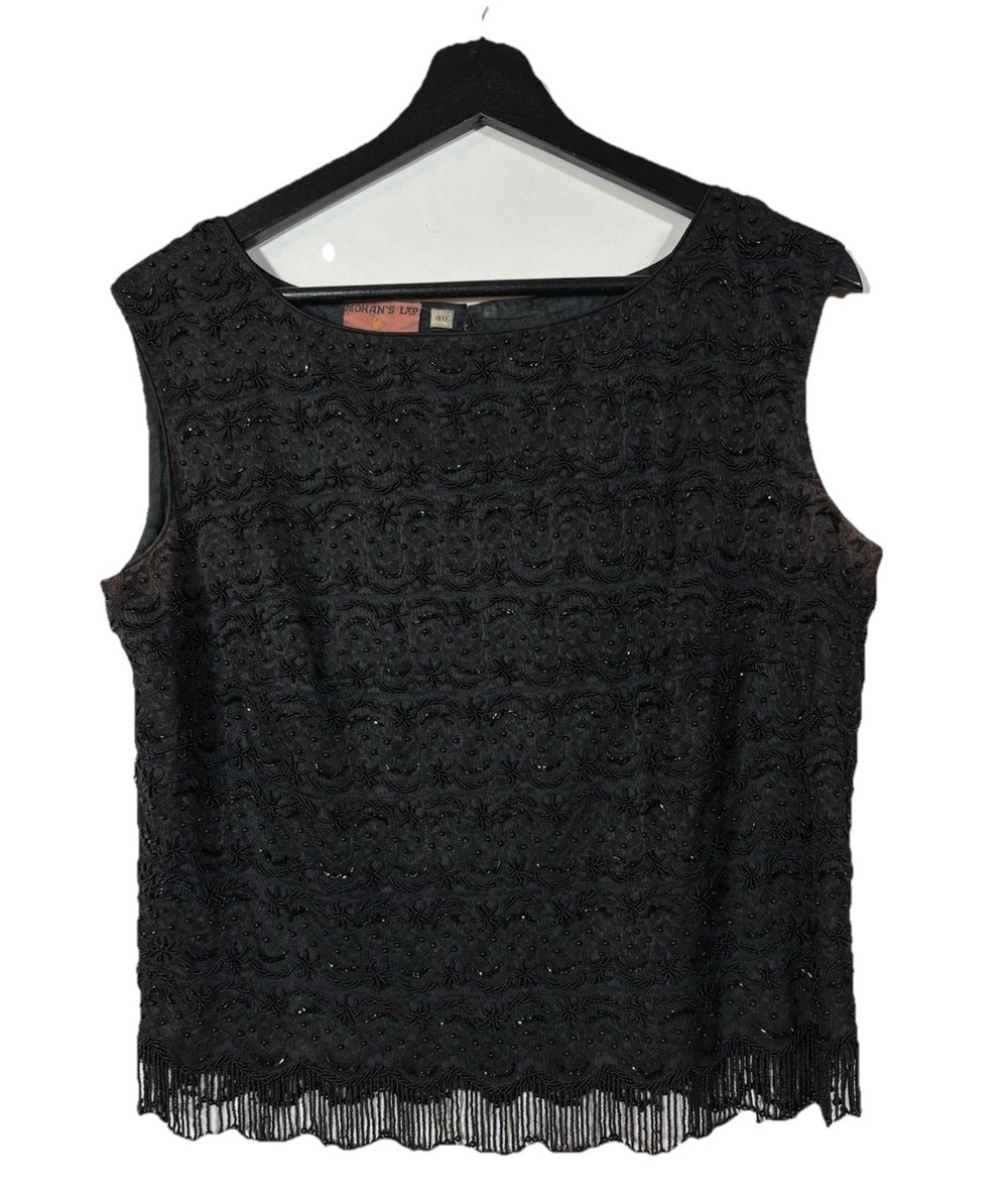 Vintage Black Beaded Lace Top Lined Medium Regalia Imports Fringe Sleeveless 40